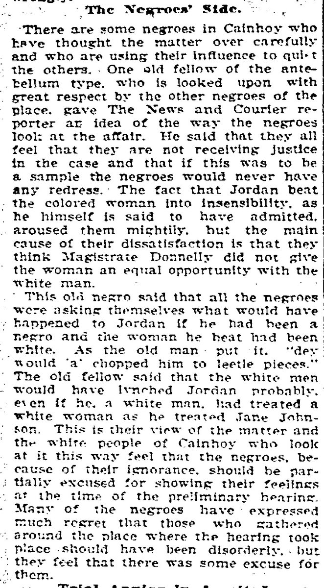 The News and Courier published an account of the story and decided to get the “Negro” view of what happened. Naturally the “Negro” view is riddled with lots of racism and stereotypes. The description of this Black man as “an antebellum type" for example...
