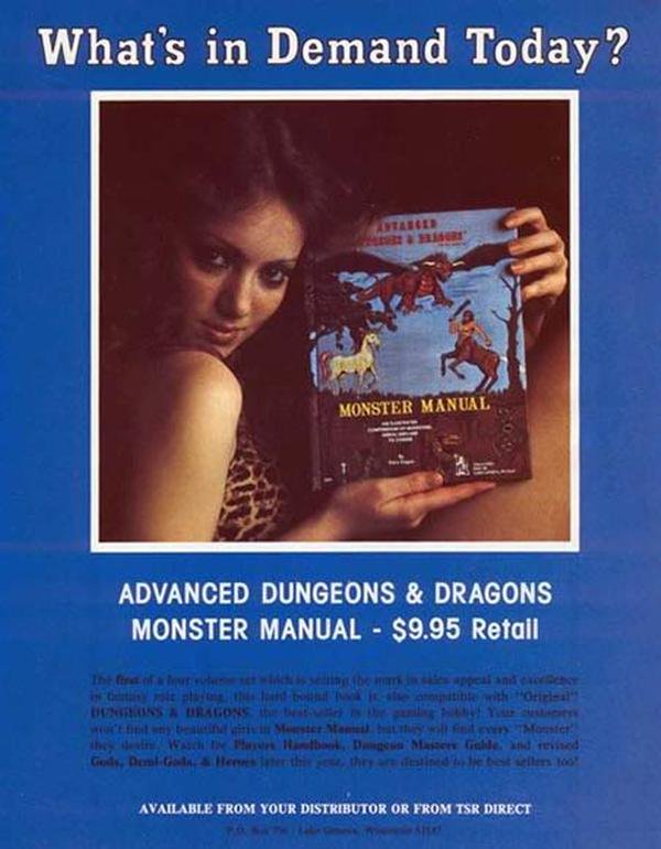 From the beginning TSR tried hard to shake off the 'boys in basements' image of role-playing games. Mary Elise Gygax fronted some of the early TSR marketing, though by today's standards it does look a bit corny.