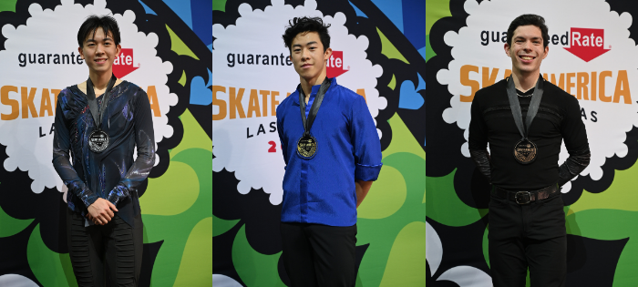 2020: Looking at the picture of the 2015 worlds podium to now, mens costumes have become much more simple, athletic, and monochromatic in the last five years, echoing the current mentality of athleticism in mens skating. details have been paired down and color schemes darker