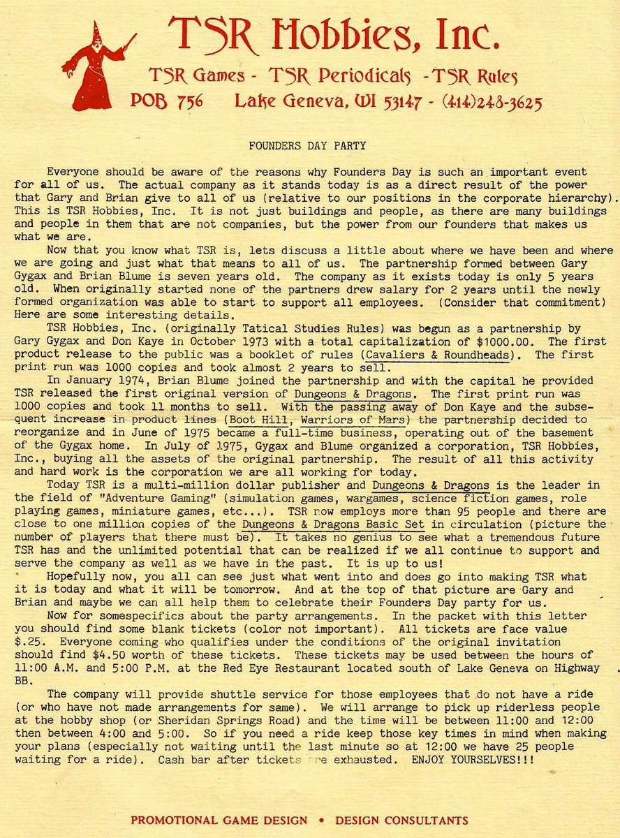 TSR itself was an unorthodox company. Finally incorporated in 1975 its governance structure was designed to ensure no non-wargamer could control the company. Initially shares were only granted to friends or family members.