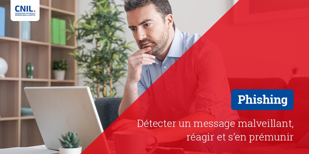 CNIL's tweet image. #Phishing ⚠ Cette forme d'#escroquerie est courante sur Internet 💻Le fraudeur envoie un mail se faisant passer pour un organisme et demande la communication d’informations (mot de passe, numéro de carte bancaire, etc.)  ℹ ✉ Comment s'en prémunir 👉 cnil.fr/fr/phishing-de…