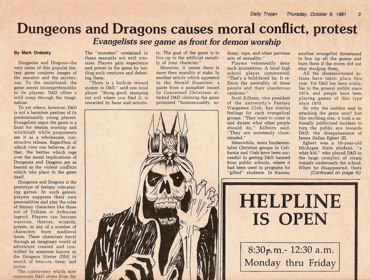 The boom in Dungeons & Dragons coincided with the 'Satanic Panic' of the early 1980s. The game was denounced by some evangelical groups for apparently promoting witchcraft and demon worship.