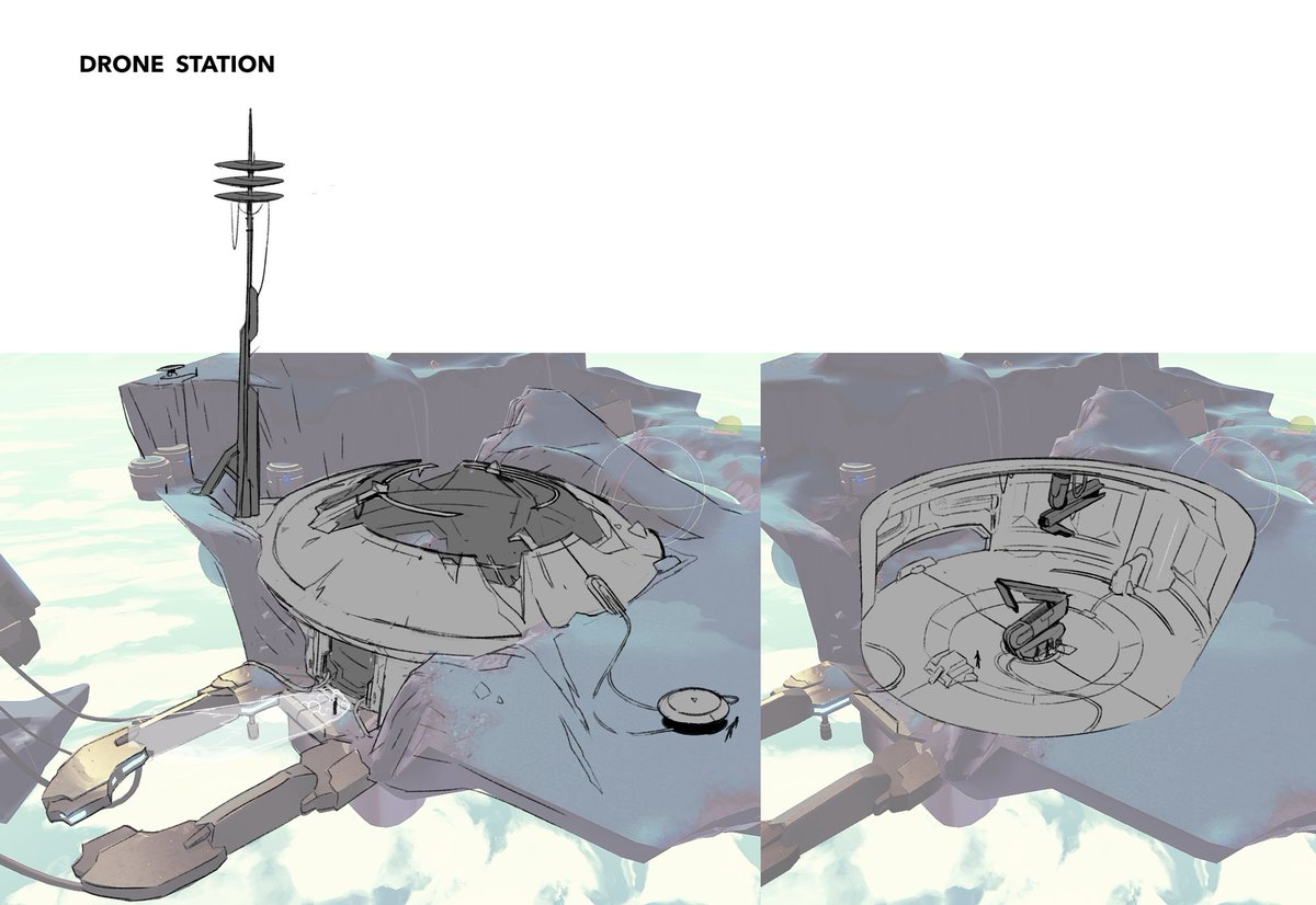 Avec au milieu de tout ça des structures uniques, repérables de loins, qui guident le joueur dans sa navigation. En général, je sketch ces nouveaux bâtiments directement dans leur environnement, pour une meilleure intégration. J'en garde sous le coude, trop de spoil sinon.