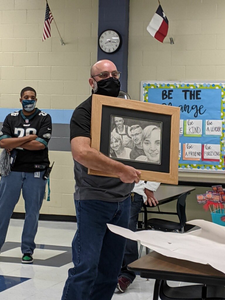 DavidEly17's tweet photo. The Holmgreen staff sure did me right for Counselor’s week.   Love the celebration theme - team Ely.   But it’s really team Holmgreen.  Thanks to Mrs Morales for the artwork of my family.  @NISDHolmgreen @NISDCounseling https://t.co/ZnyfJiT4AW