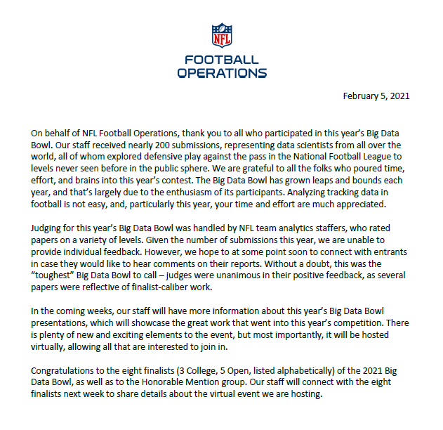 StatsbyLopez's tweet image. Summary and winners (College, Open, Honorable Mention) from the 2021 #BigDataBowl