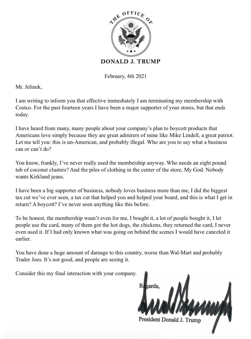 This letter from Trump quitting Costco brings me joy.