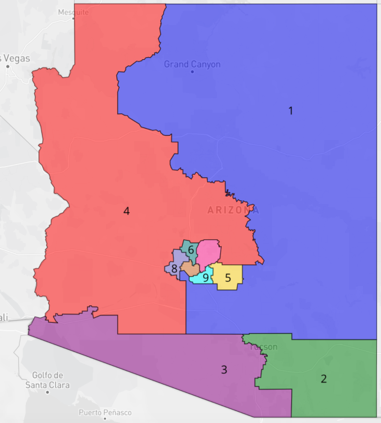By contrast, Ds will once again emphasize *competitiveness.* In the below scenario,  #AZ01 retains all its tribal lands and stays competitive, a swingy new  #AZ10 arrives in Scottsdale, and up to *six* seats are competitive - potentially making AZ ground zero for '22 House control.