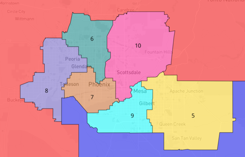 By contrast, Ds will once again emphasize *competitiveness.* In the below scenario,  #AZ01 retains all its tribal lands and stays competitive, a swingy new  #AZ10 arrives in Scottsdale, and up to *six* seats are competitive - potentially making AZ ground zero for '22 House control.