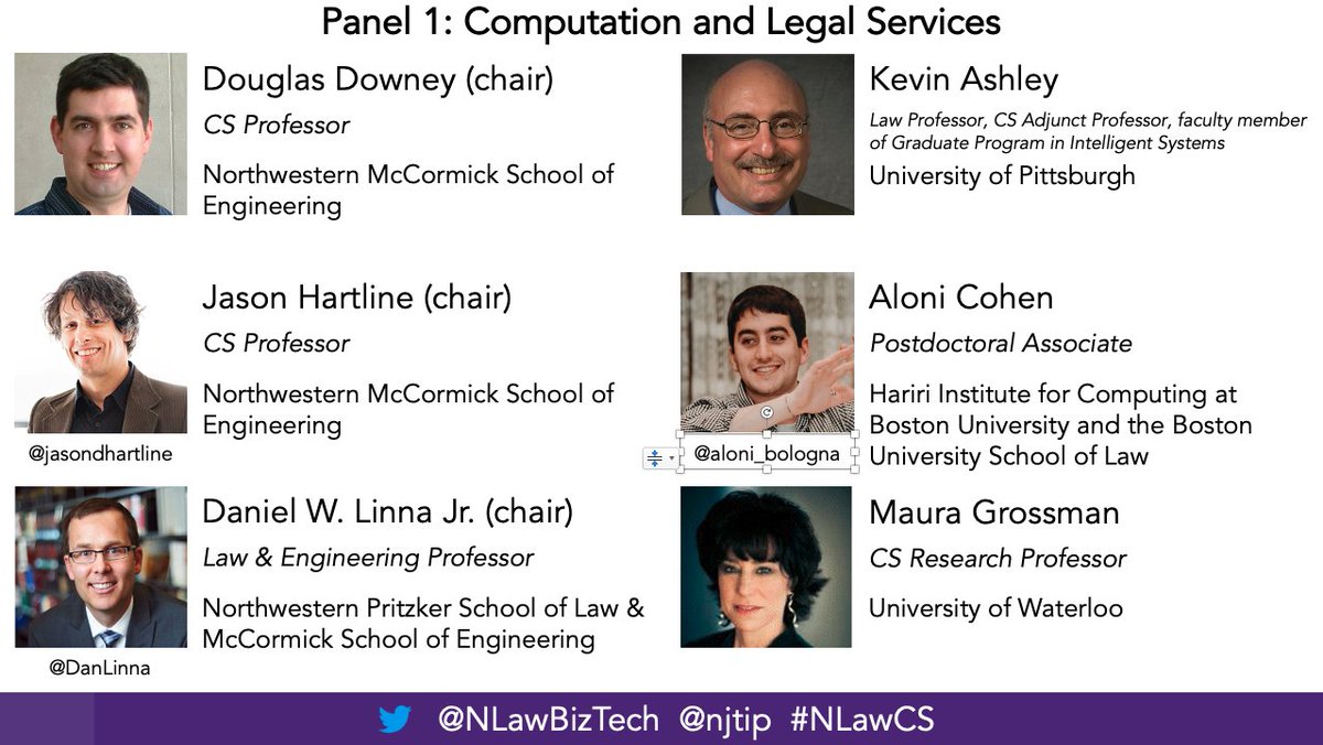 Join now for panel w Doug Downey (<a href="/northwesterncs/">Northwestern University Computer Science</a>), <a href="/DanLinna/">Daniel W. Linna Jr.</a> (<a href="/NorthwesternLaw/">Northwestern Law</a>), <a href="/jasondhartline/">Jason‎ Hartline‎</a> (<a href="/northwesterncs/">Northwestern University Computer Science</a>), Kevin Ashley (<a href="/pittlawfaculty/">Pitt Law Faculty</a>), <a href="/aloni_bologna/">Aloni Cohen</a> (<a href="/BU_Law/">Boston University School of Law</a>, <a href="/BU_Computing/">Hariri Institute for Computing, Boston University</a>), &amp; Maura Grossman (<a href="/UWaterloo/">University of Waterloo</a>) on Computation+Legal Servs. rb.gy/afwrxp #NLawCS