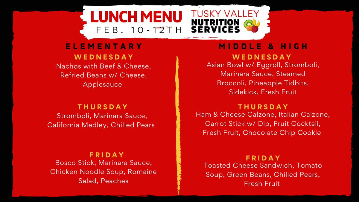 tvlsnutrition's tweet photo. We hope everyone is having a great week.👍 We are ready to serve you delicious and nutritious meals the rest of the week! 😋
@snaohio @TVTrojans #schoollunchmenu #schoolmenu #lunchmenu #tvmenu #tvtrojanmenu #schoollunch #schoolnutrition #tuskyvalley https://t.co/TnnNEquYY8