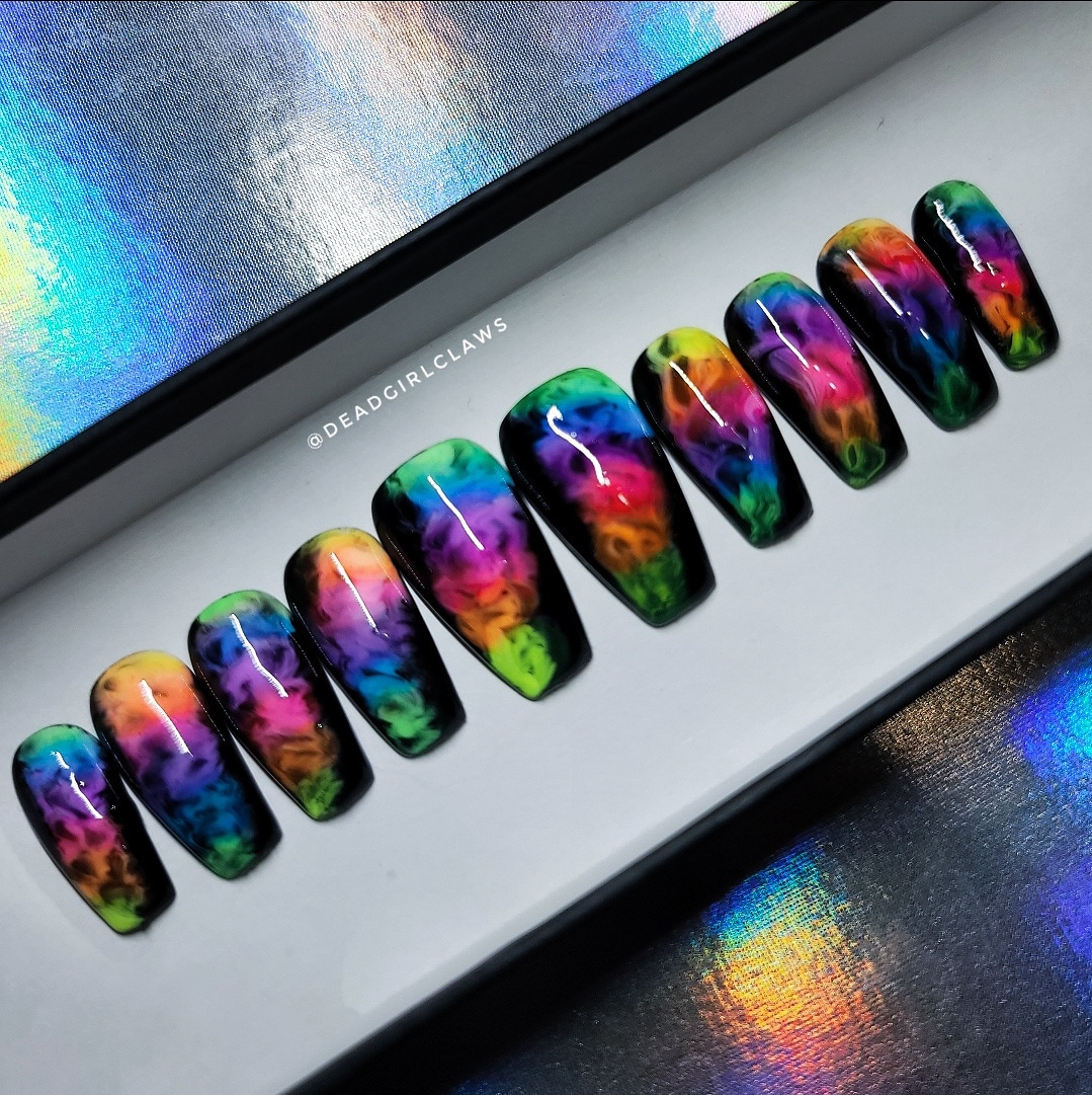 Say Hello to #Rainbow Smoke 💨🌈. This gorgeous #naildesign has a black base with #handpainted smoke nail art with an ombre rainbow effect on all 10 nails! Rainbow smoke is AVAILABLE NOW through my #etsyshop LINK IN BIO 

#shopsmall #etsy #nails