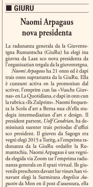 giuventetgna's tweet photo. Tgei caussas dil mund... Die rätoromanische Tageszeitung hat grad ihren Namen gewechselt, die GiuRu wird neu von einer jungen Frau präsidiert. Heute in #laquotidunna! 😍 https://t.co/t5NaoHHXeB