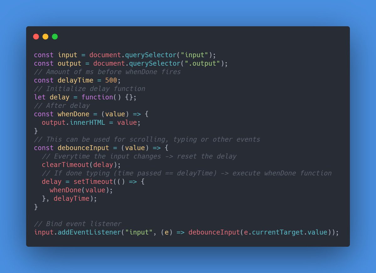 CodeCoach1's tweet image. What is debouncing? 
Debouncing prevents functions from firing on every single event trigger. 
#webdevelopment #learntocode #100DaysOfCode#coding #programmin #javascript #developer #programmer #coder #development #codecoach