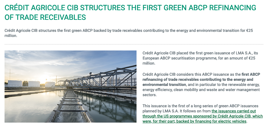 GreenBondsUK's tweet photo. On green AB CP, also worth noting @CA_CIB's pioneering efforts through its La Fayette & LMA vehicles in the US (EV loans) & Europe (transition trade receivables) last year...
https://t.co/wfarGIBSZx
https://t.co/fVyXGsjOa9
#greenbonds #GreenCP https://t.co/Vh3pV3RZn0