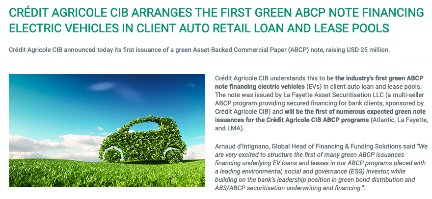GreenBondsUK's tweet photo. On green AB CP, also worth noting @CA_CIB's pioneering efforts through its La Fayette & LMA vehicles in the US (EV loans) & Europe (transition trade receivables) last year...
https://t.co/wfarGIBSZx
https://t.co/fVyXGsjOa9
#greenbonds #GreenCP https://t.co/Vh3pV3RZn0