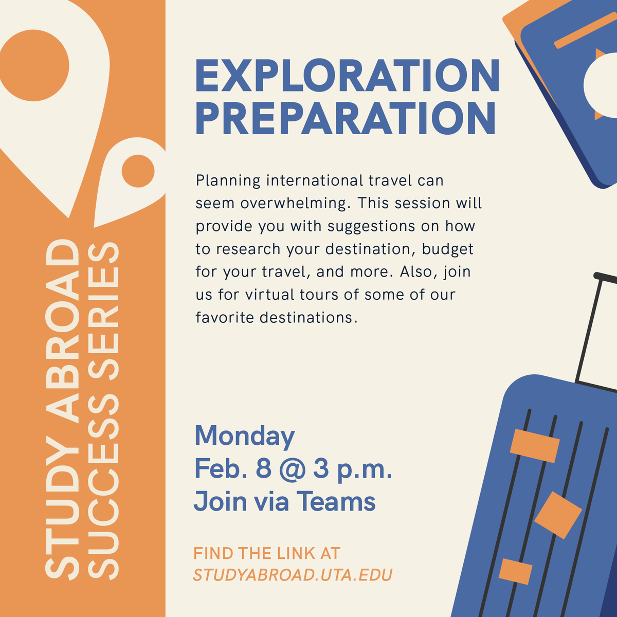 UTAstudyabroad's tweet photo. 🗺Planning international travel can be a lot.

We've got tons of tips on researching, budgeting and more which we'll be sharing Monday, Feb. 8 at our Exploration Preparation session via Teams!

https://t.co/SXwCm0Q4Es https://t.co/CSFoZnm30N