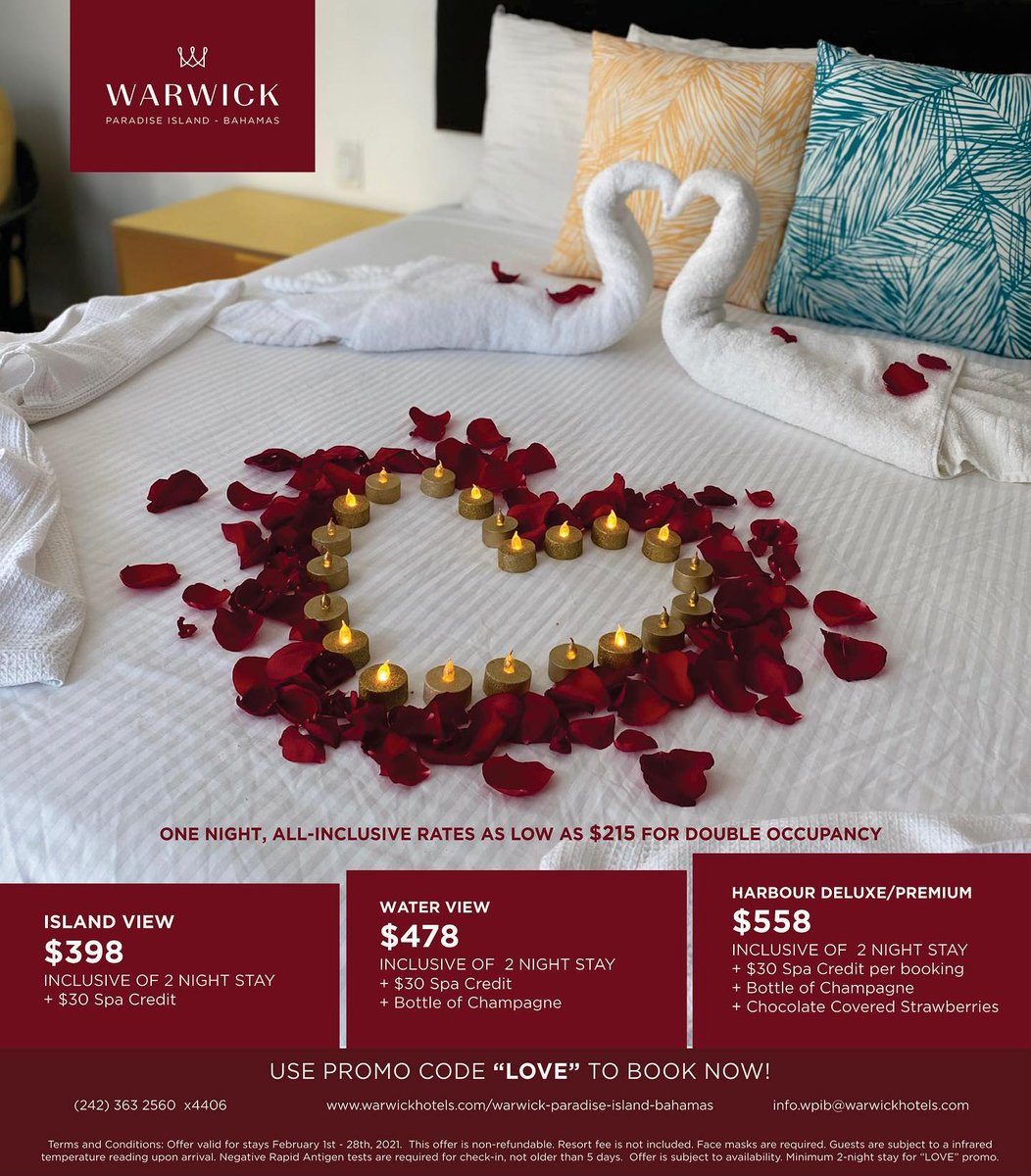 Love all month long! What better way to Celebrate Valentine's Day than with a Romantic Getaway!

To take advantage of these spectacular Harborside views book today. Use Promo Code "LOVE" or book direct be.synxis.com/?Hotel=78107&C…

#WarwickParadiseIsland #WarwickHotels #Bahamas