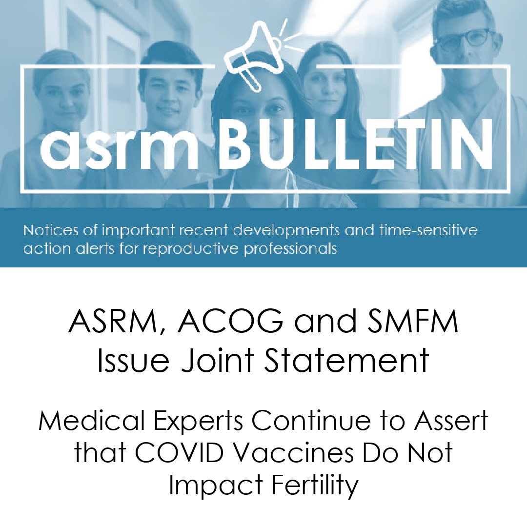 ASRM_org's tweet image. "As experts in reproductive health, we continue to recommend that the vaccine be available to pregnant individuals. We also assure patients that there is no evidence that the vaccine can lead to loss of fertility. " asrm.org/covid-vaccine-…