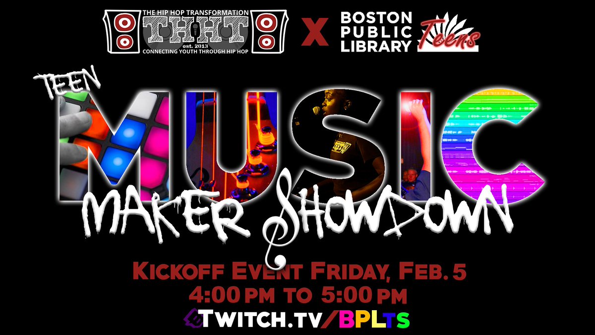 Teens interested in pursuing a career in music 🎶: We're kicking off our statewide music maker contest with <a href="/THHTFam/">THHT</a> today at 4:00 pm on Twitch! Join us to get tips from industry pros <a href="/LightFootBeats/">Terra Incognita</a> and <a href="/FlashNBS/">E'Flash (N.B.S.)</a>. @BPLTeenCentral

More info: ow.ly/Xg7N50DrJXz