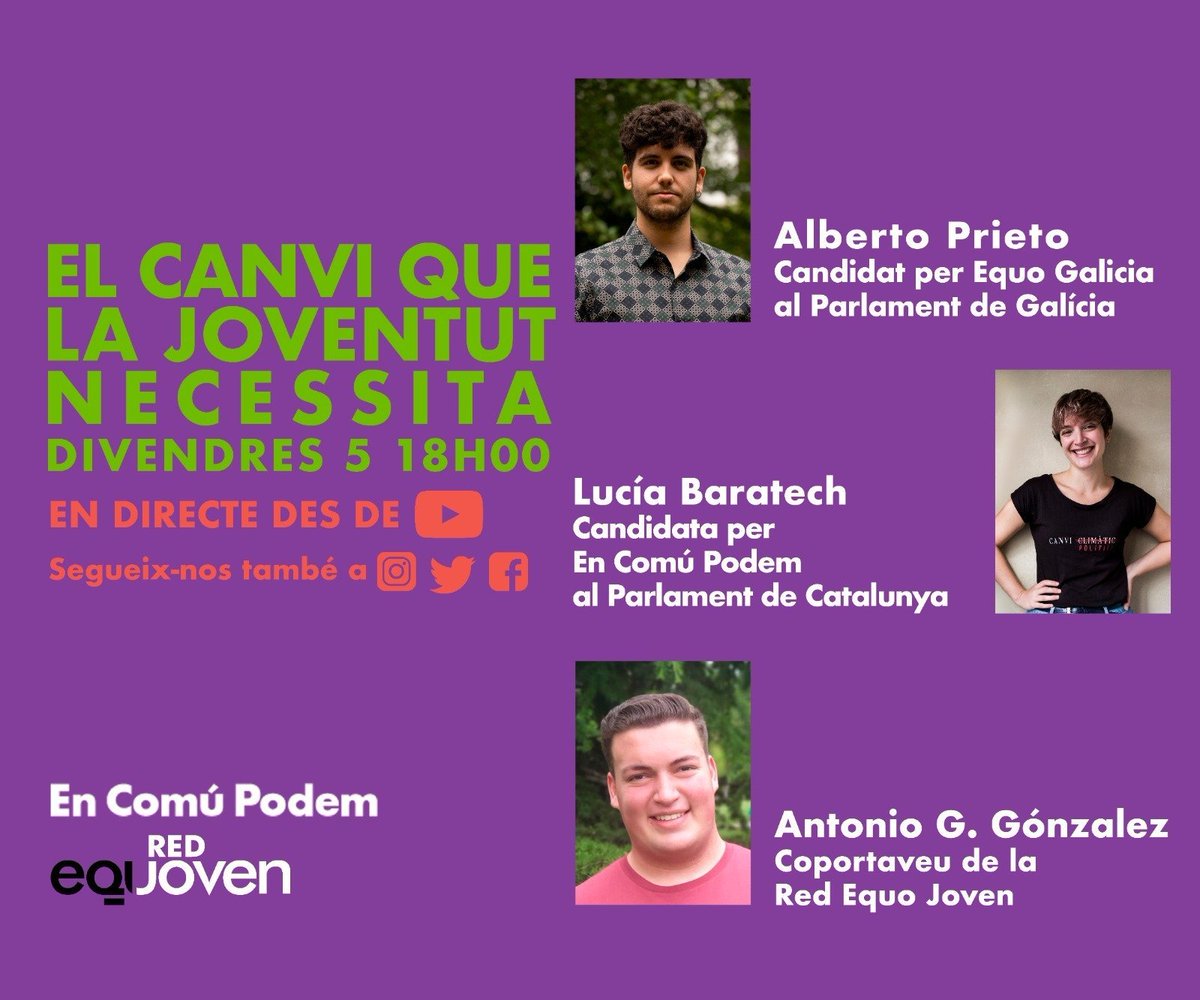 En una hora comencem el directe amb el <a href="/PrietoArranz/">Alberto Prieto 🌻🌍</a>, l'@antgargon96 i la <a href="/lubaratech/">Lucía Baratech</a>. Parlarem sobre el canvi que necessita la joventut de Catalunya i com el podem aconseguir amb <a href="/EnComu_Podem/">Comuns__Cat</a> 🧑‍🤝‍🧑✊. No us ho perdeu!

Enllaç👉: youtube.com/watch?v=-dN3sE…