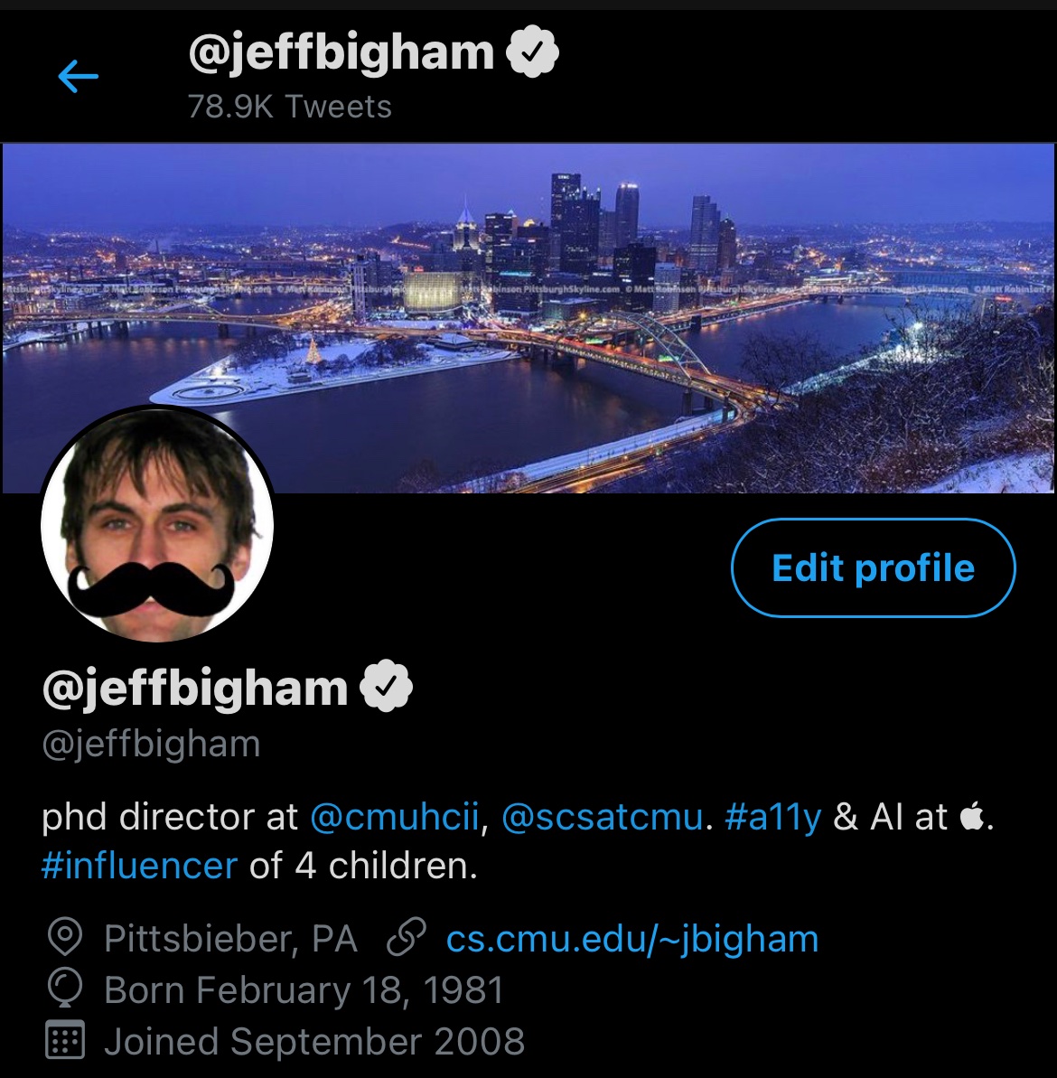 snippet of Jeff’s twitter profile, includes the phrase “#influencer of 4 children”