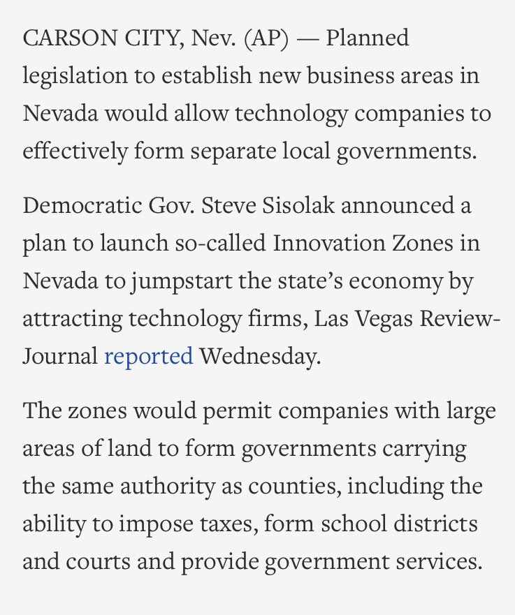 Screenshot of article lede describing how the Nevada governor wants to allow tech companies to create their own counties, including the ability to impose taxes, form school districts and courts and provide government services