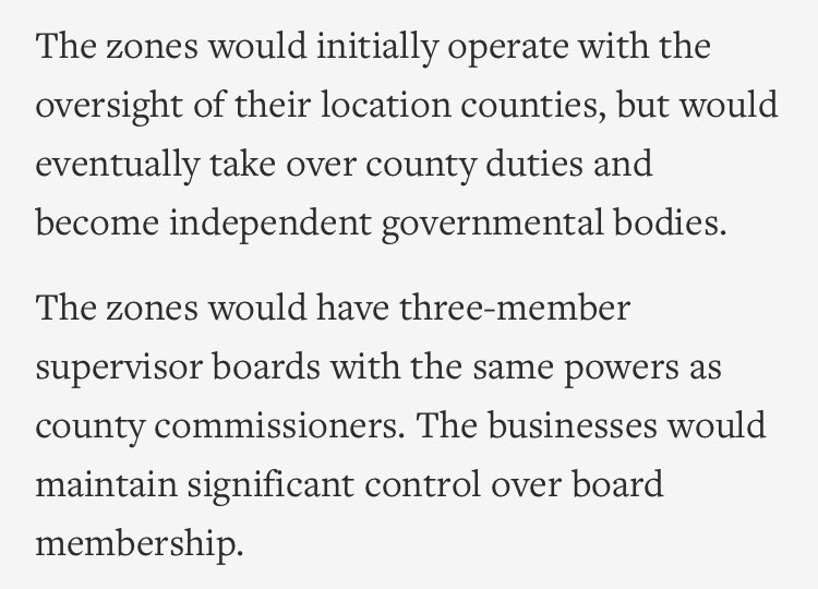 Screenshot of two paragraphs explaining that the proposed zones would be governed by three-member supervisor boards controlled by the business