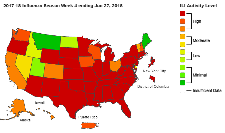 Influenza-Like Illness (ILI) MapWeek 4: 2021, 2020, 2019, 2018