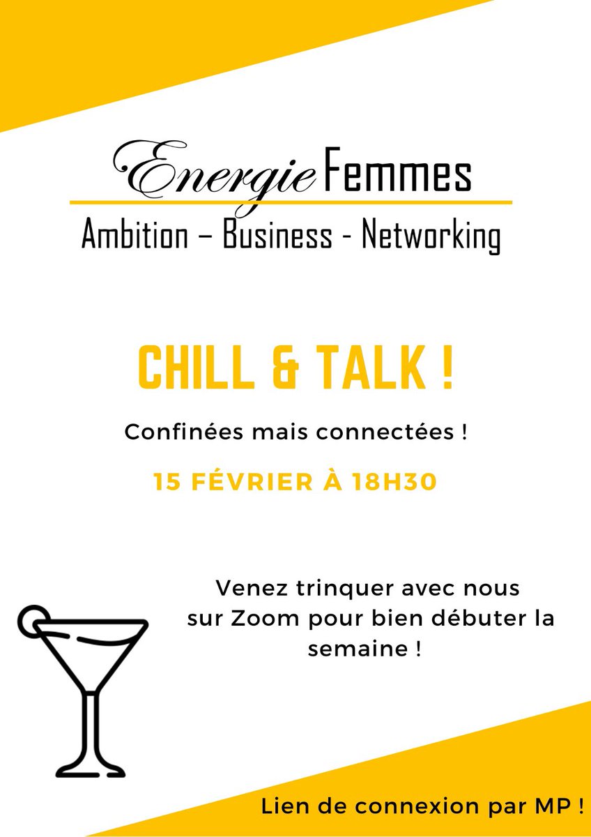 🙂 Et si on se retrouvait pour un Chill &amp; Talk ? 📢 Retrouvez-nous le lundi 15 février à 18h30 pour discuter, échanger et trinquer 😉 ! Ça vous intéresse ? Alors envoie nous un mp pour avoir le lien Zoom 👌🏾
#Femmes #EnergieFemmes #Discussion #Echange #Chill #Talk #Afterwork
