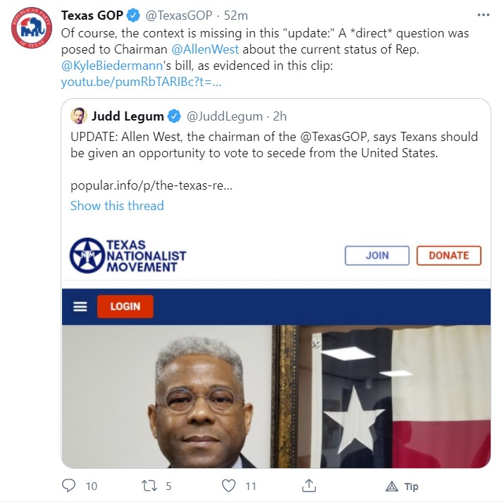 5. UPDATE: The geniuses at the  @TexasGOP say that my initial tweet saying Allen West supports putting secession on the ballot was "missing context" and the context was West was directly asked if he supports it and said yes