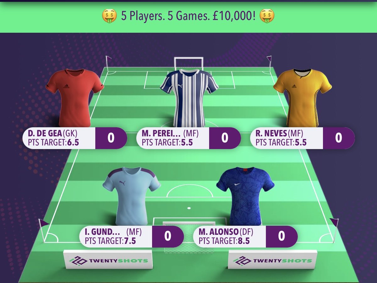 Here is my Fantasy5 team for the week! De Gea with a predicted score of 6.5 is a huge surprise as I expected him to be at 7.5 like most keepers are every week. Neves and Pereira being on penalties I feel have a reasonable chance of beating their predicted score of 5.5 each.