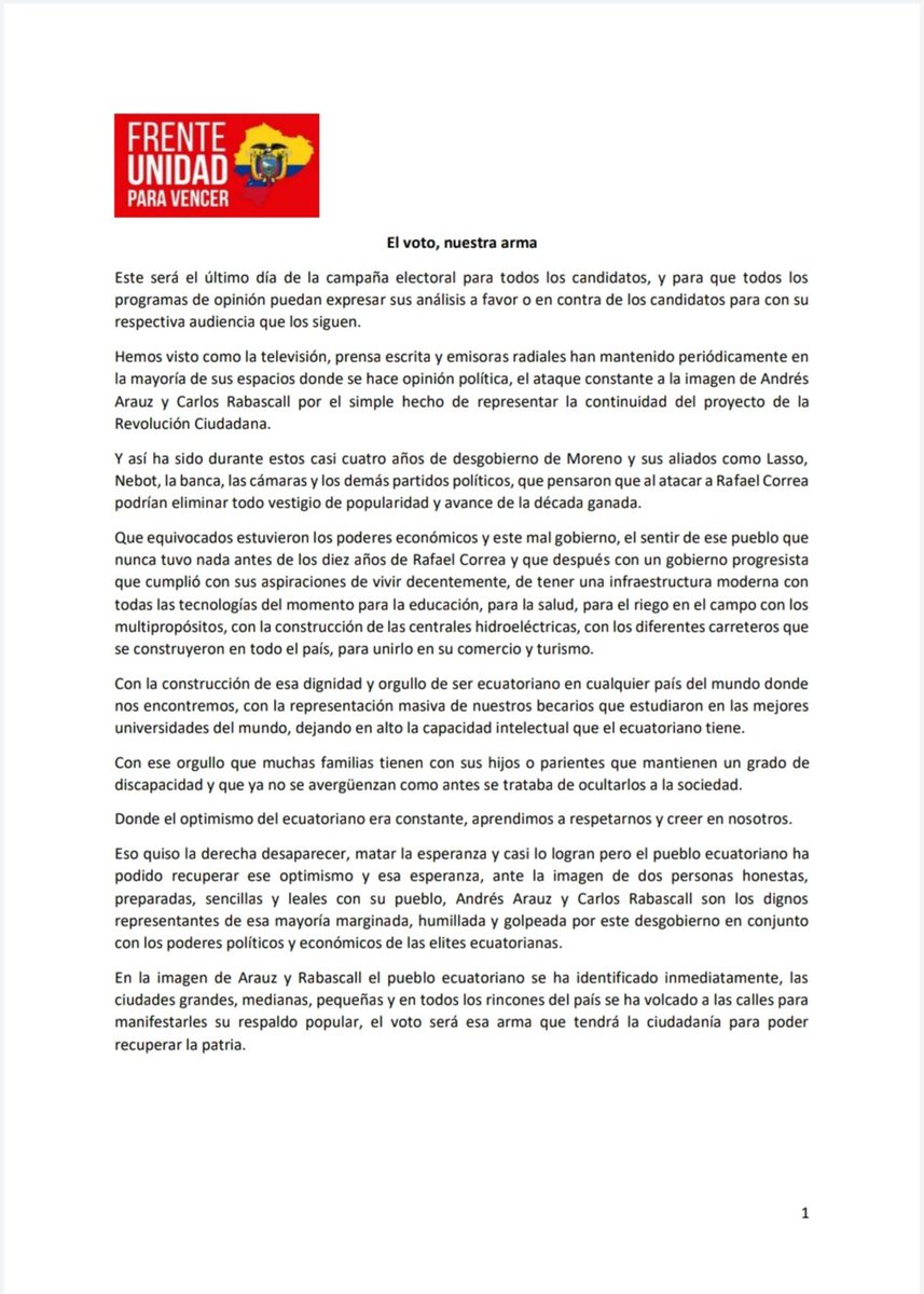 FUPV_Ecuador's tweet photo. Tu voto es el arma para recuperar la Patria!! https://t.co/FN76mdx87c