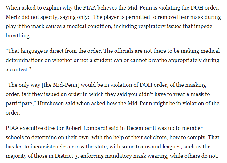 The PIAA claims the Mid-Penn’s plan to have refs enforce masks during basketball games violates the DOH. The DOH disagrees with that assessment. (5/x)