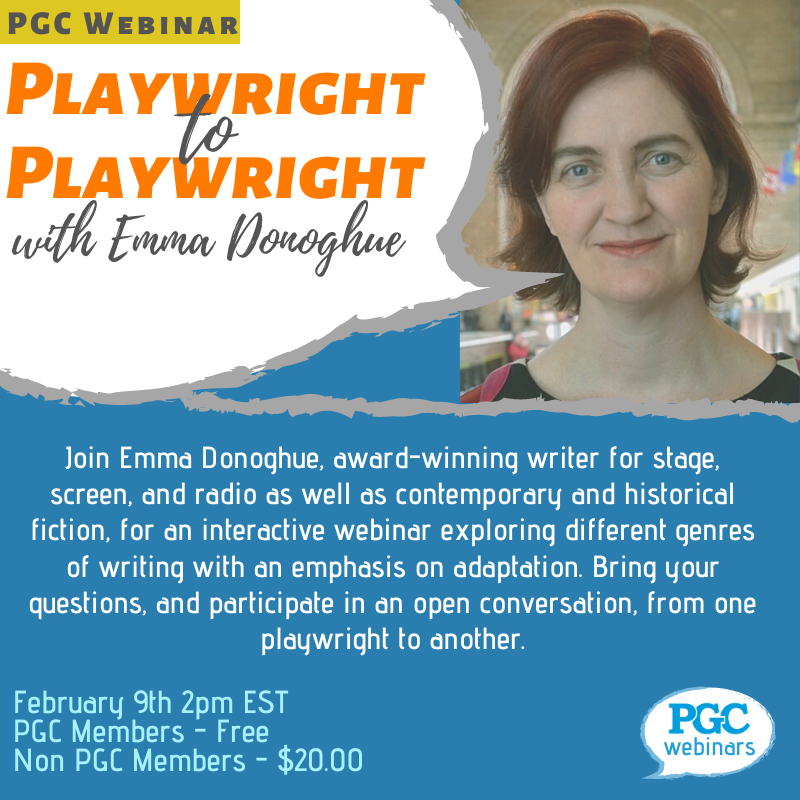 PGuildCanada's tweet photo. PGC's Playwright to Playwright series is back with Emma Donoghue! 
Join us February 9th at 2pm EST. 
PGC Members - Free, Non PGC Members - $20.00
Registration: https://t.co/RGY1fFdbKj

#PGC #CanadianPlaywrights #PlaywrighttoPlaywright https://t.co/JPu8C4QNod