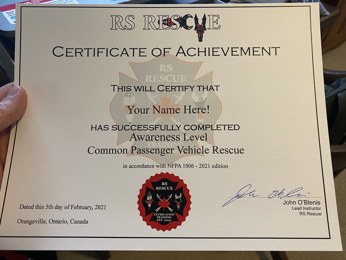 rsrescue's tweet image. Your name here!  RS Rescue is pleased to announce that we are now offering online NFPA 1006-2021 Edition (that’s right, brand new standard!) Awareness Level Common Passenger Vehicle Rescue course!   rsrescue.ca E-learning #nfpa1006 #rsrescue #beentherecutthat #stepone