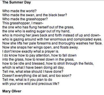 And another of Mary Oliver’sSummers Day“Doesn't everything die at last, and too soon?Tell me, what is it you plan to doWith your one wild and precious life?”
