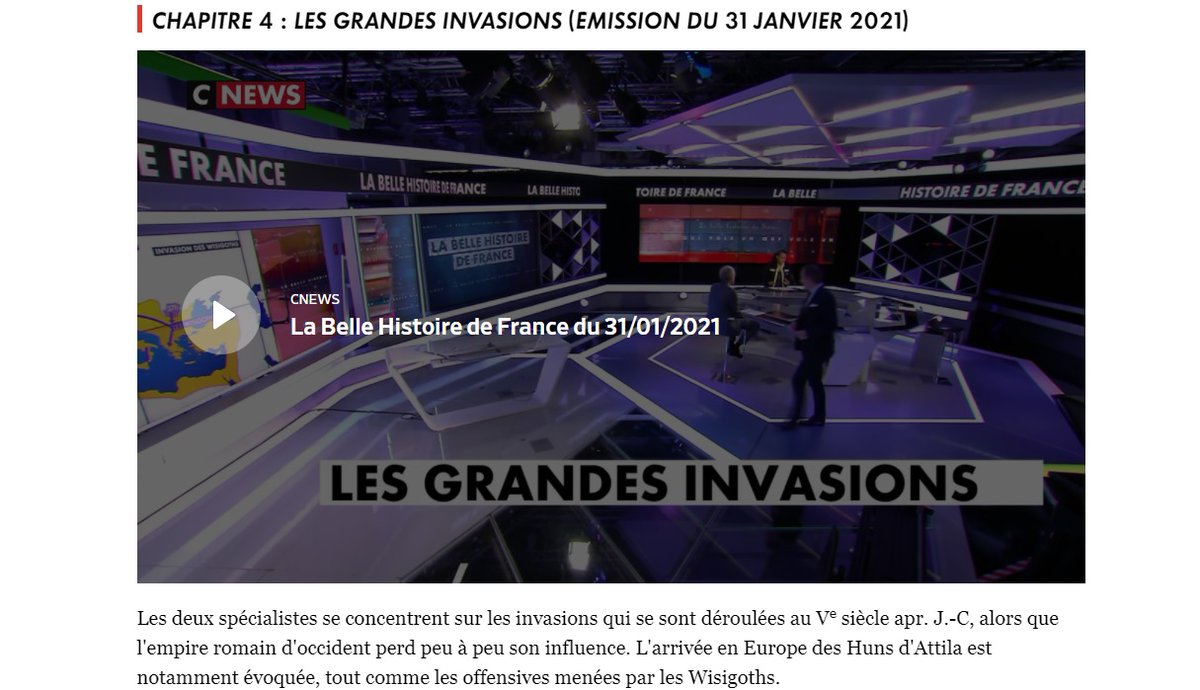 Le dernier épisode de « La belle histoire de France », animé par Franck Ferrand sur  @CNEWS, portait sur la période des "grandes invasions". Comme le précédent, c'est un mélange d'erreurs, de clichés et de visions politiquement orientées. Un thread !  #medievaltwitter  #histoire