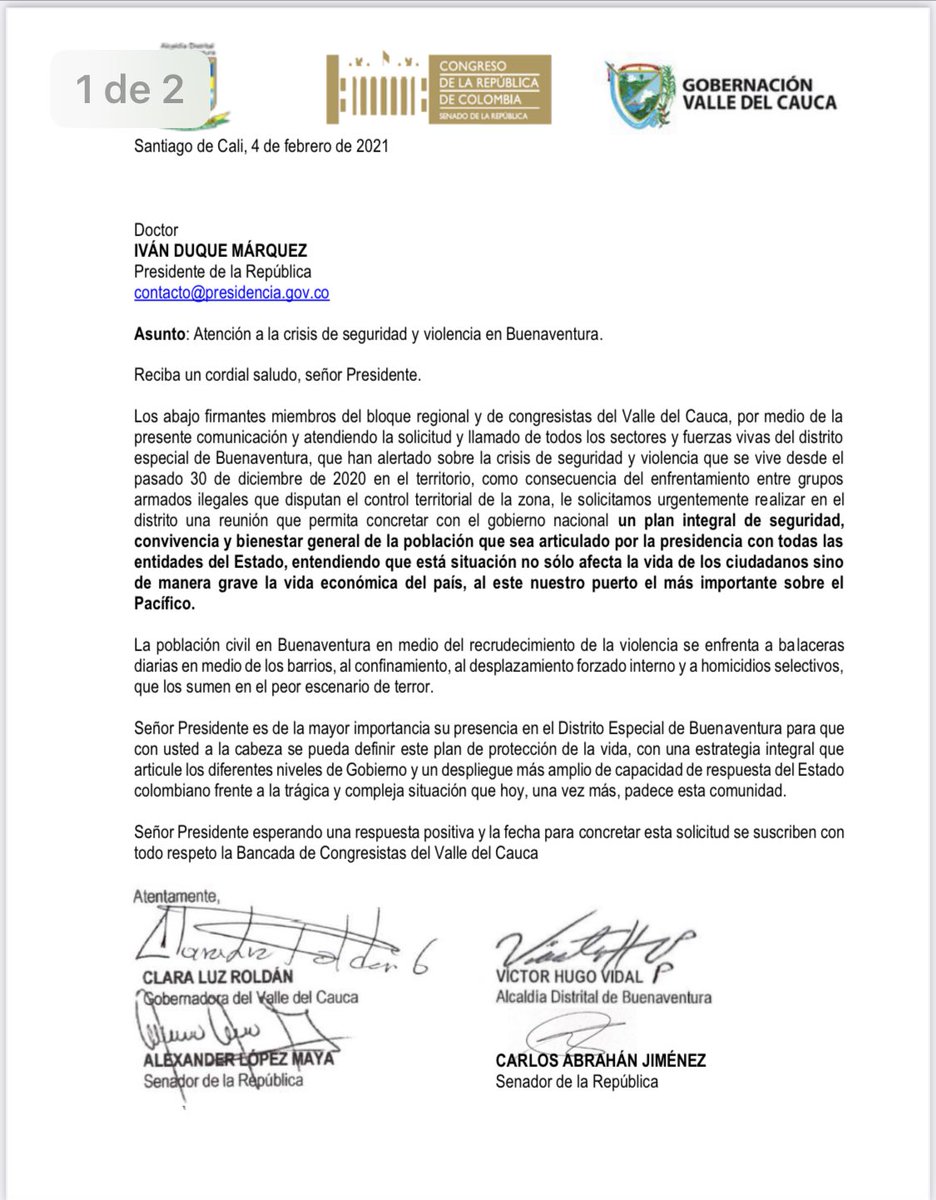 Hoy todas las fuerzas vivas Del Valle pedimos al presidente de la republica ⁦<a href="/IvanDuque/">Iván Duque 🇨🇴</a>⁩   un plan especial al distrito de buenaventura en materia de seguridad
