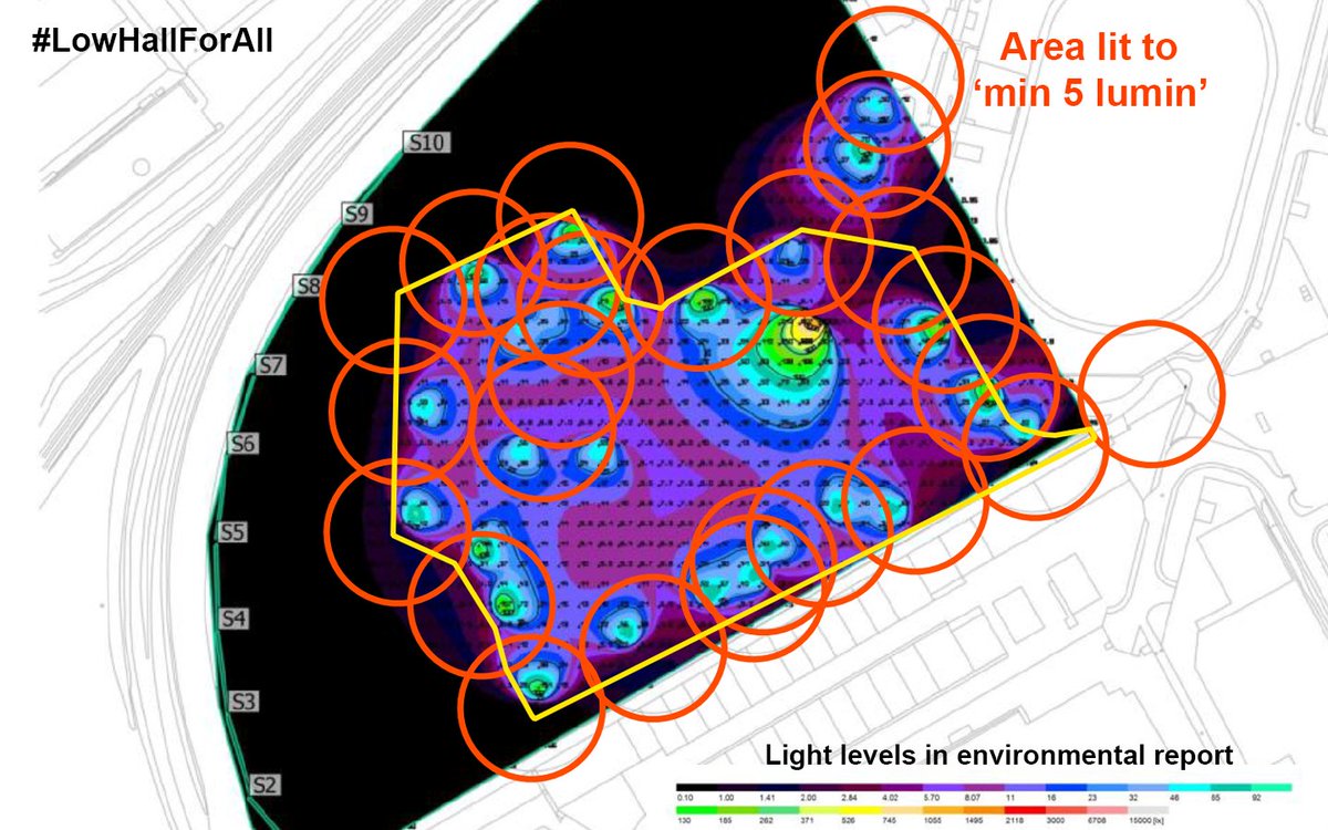 Our second map of the day from the <a href="/secretcinema/">Secret Cinema</a> files.
The light levels in the environmental report do not include the floodlights detailed in the plans. So we have added them in orange.
Lets hope <a href="/wfcouncil/">Waltham Forest Council</a> have noticed too.
Plans here: buff.ly/3aBt4Iy