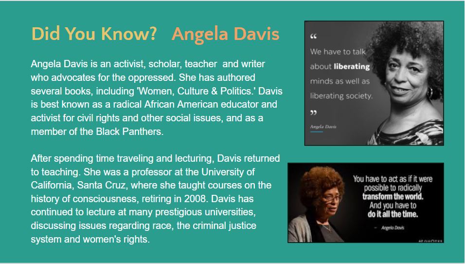 ShermanMS_LMC's tweet photo. Day 4 of our BHM slides feature Ms. Angela Davis on the Did You Know? slide: https://t.co/5W5gABv2bX