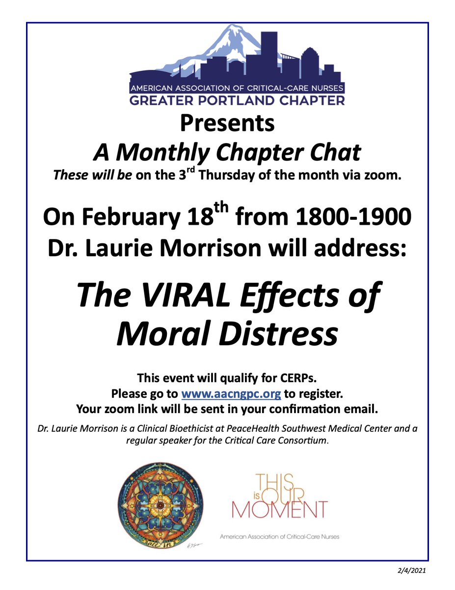 gpcaacn's tweet photo. Join us for an evening chat regarding The Viral Effect of Moral Distress with Dr. Laurie Morrison! 2/18/21 @ 1800 - 1900 PT! 

#nursingtwitter #nursing #aacn #gpc @AACNme https://t.co/RXXfS87UEv