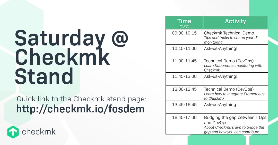 See you at the virtual #FOSDEM tomorrow! 👋

FOSDEM is free and there's no registration required.

Here's our schedule at the Checkmk stand for Saturday.

Stand page: checkmk.io/fosdem
Chatroom: checkmk.io/fosdem-room