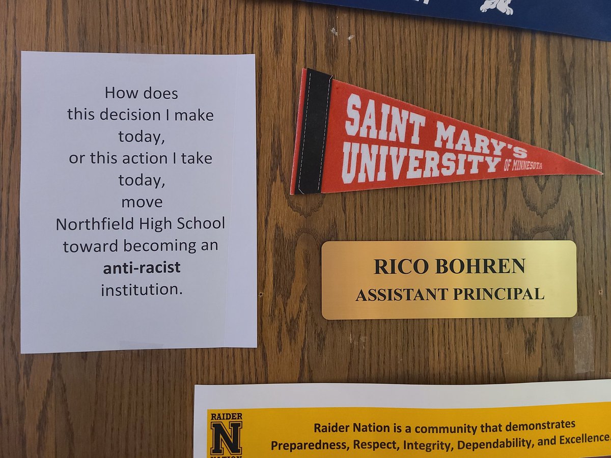 NorthfieldAP's tweet photo. My daily reminder as I walk into my office as a servant & equity driven leader! Glad to have our kids back! Go Raiders! π₯ππΎβ€π
#Nfldedu
#HybridLearning
#EmpathyAlways
#SensitivityAlways https://t.co/57e4F9nXtL