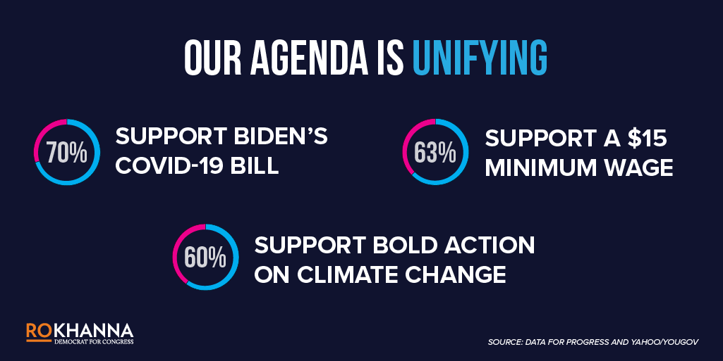 RoKhanna's tweet image. How do we unite the country? By delivering the policies that the American people want—a bold relief bill, a $15 minimum wage, action on climate change, and more.