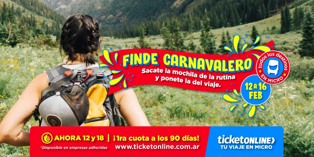 TicketOnlineAr's tweet photo. Finde Carnavalero ¿Sale escapadita? 🥳 🎊
Comprá ahora tu #pasaje con #ticketonline 
https://t.co/o11Em3MDZD https://t.co/5FmB5o4TvE
