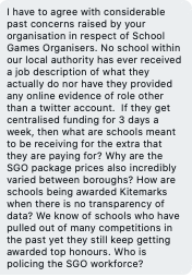 MattersActive's tweet photo. @PE_Primary_Ltd @cardellePE @afPE_PE @YouthSportTrust @Sport_England @suewilkinson13 @AliOliverYST @tphollingsworth @Tanni_GT @LondonPehwb @VicksRandall82 @GHuddPE Scrutiny of recent twitter comments as well as received testimony will prove interesting for
@HuddlestonNigel and @Sport_England
with following concerning criticisms of School Games Organisers.Why does Sport England continue to throw money at #poorpractice? Their words,not ours: https://t.co/GjW3IyxIsU
