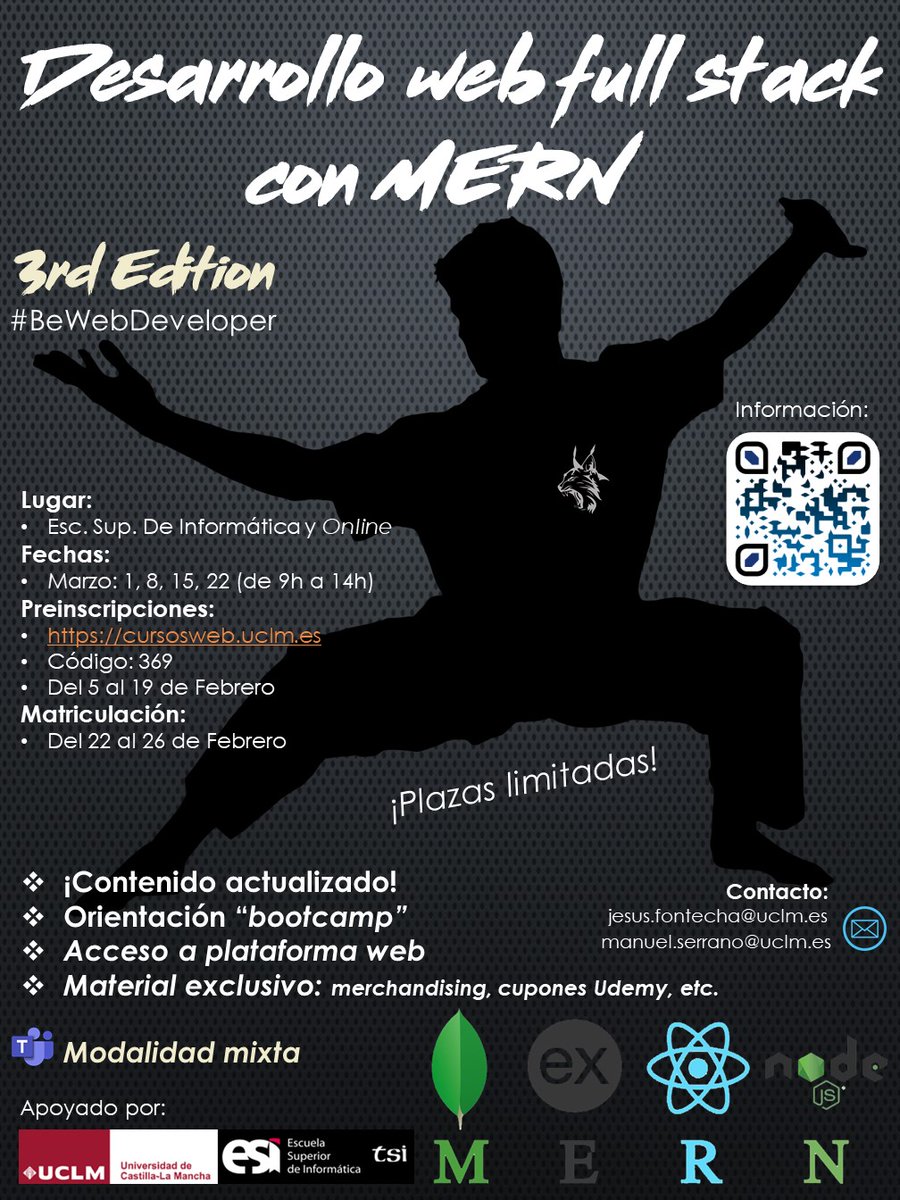 esiuclm's tweet photo. ¿Te interesa el ⌨ desarrollo de aplicaciones web dinámicas 💻 con #MERN?
No dudes en inscribirte en este #curso 📚de enseñanzas propias.
+info👉 https://t.co/lf7v8OP9d4
Inscripciones (cod. 369): https://t.co/HCwfOBQauq https://t.co/VC7S4OXfN0
