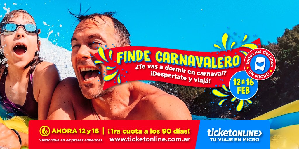 TicketOnlineAr's tweet photo. Finde Carnavalero ¡No te duermas! 😉🎊
Comprá ahora tu #pasaje con #ticketonline
https://t.co/o11Em3MDZD https://t.co/sERLdTCeUZ