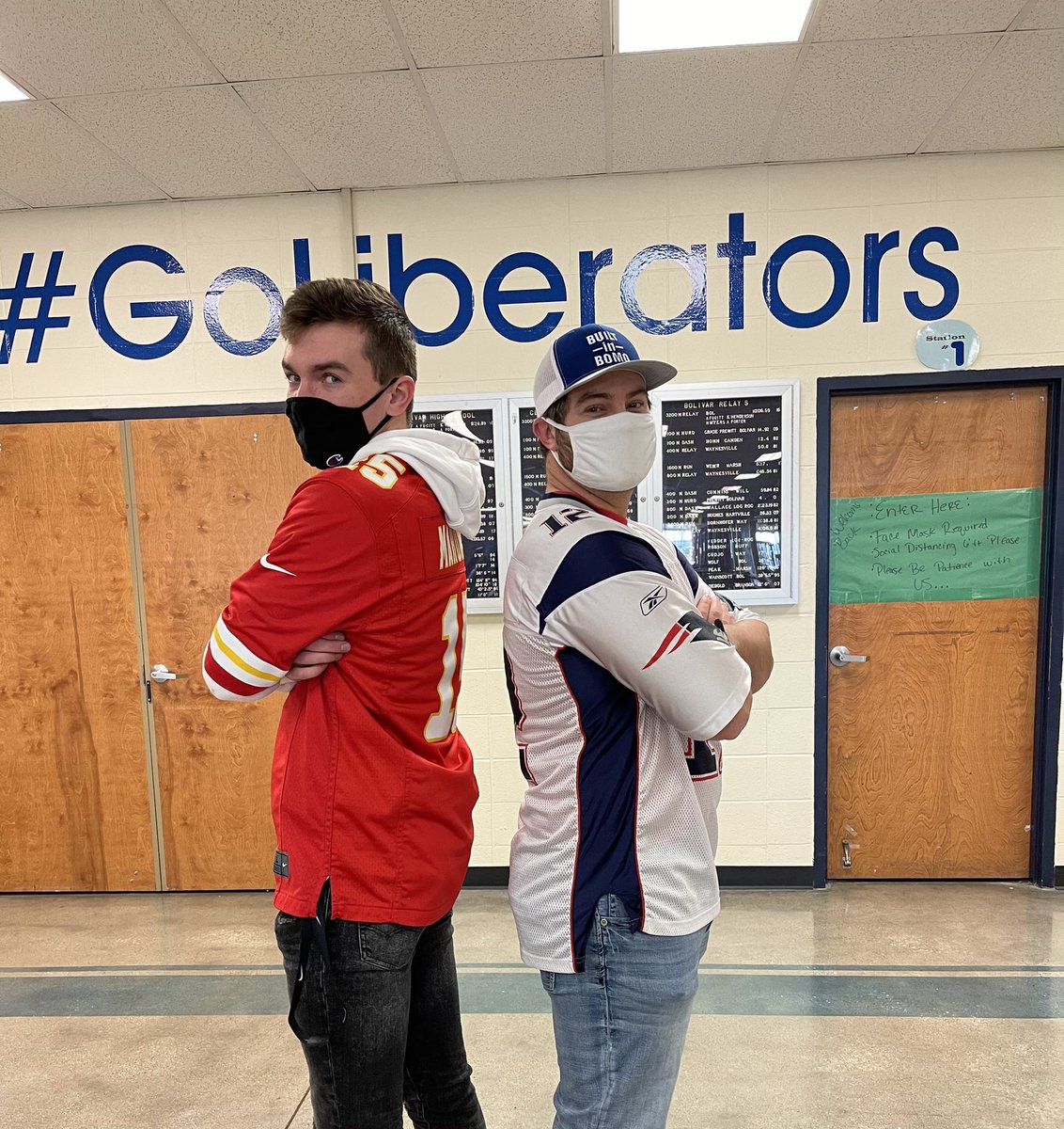 gstokes5's tweet photo. It’s Super Bowl Spirit Week. Today is Wear Your Chiefs Gear but @GlenJohnson54 missed the memo.  @LibCounselors #goliberators https://t.co/g7Cs4Q3gV6