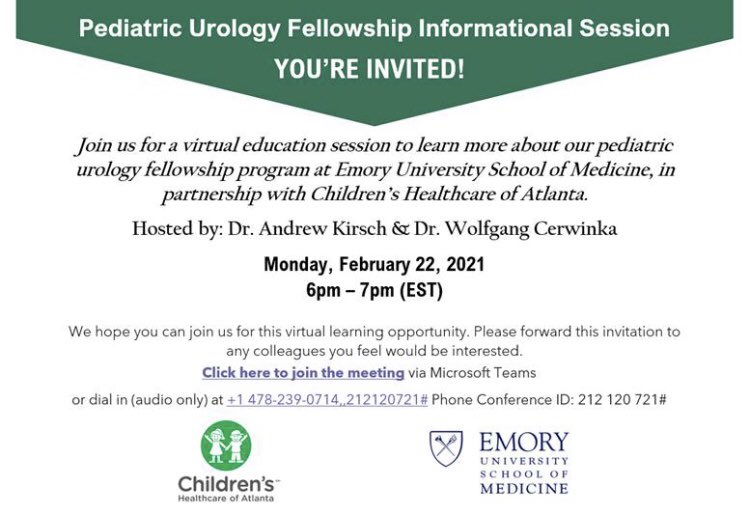 Attention future Pediatric Urology Fellow applicants!! Join <a href="/emory_urology/">Emory Urology</a> <a href="/childrensatl/">Children's</a> <a href="/gaurology/">Georgia Urology</a> for an info session!  I am biased — high volume, rare and complex cases, plenty autonomy— Opt here! Feel free to contact me or jfarmer@gaurology.com w/?s